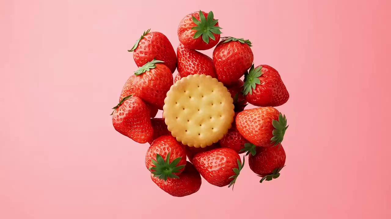 Bright and colorful commercial style — fruit-flavored cookies as the st…