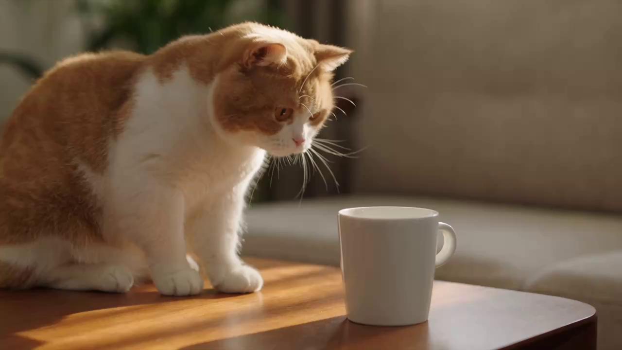 Take @video1 (first 10s: cat pawing at the cup, cup pushed to the table…
