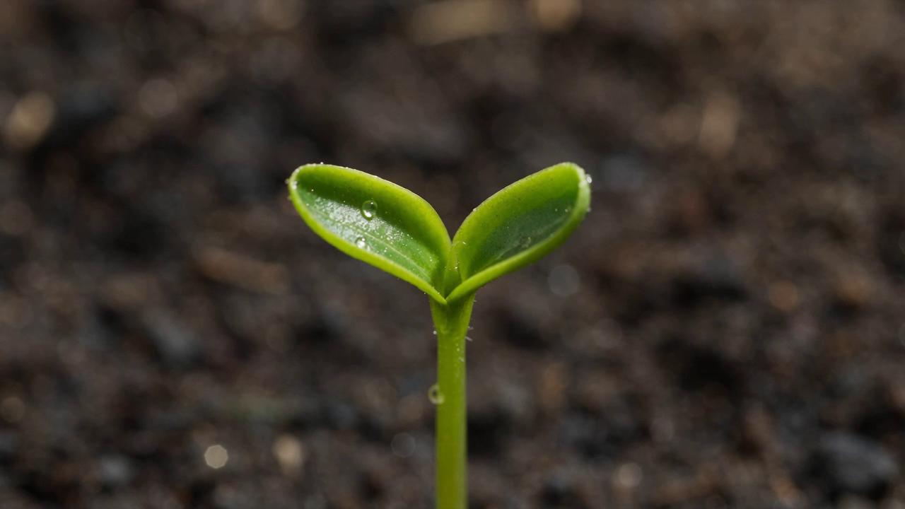 Take @video1 (first 10s: a sprout breaking through the soil, cotyledons…