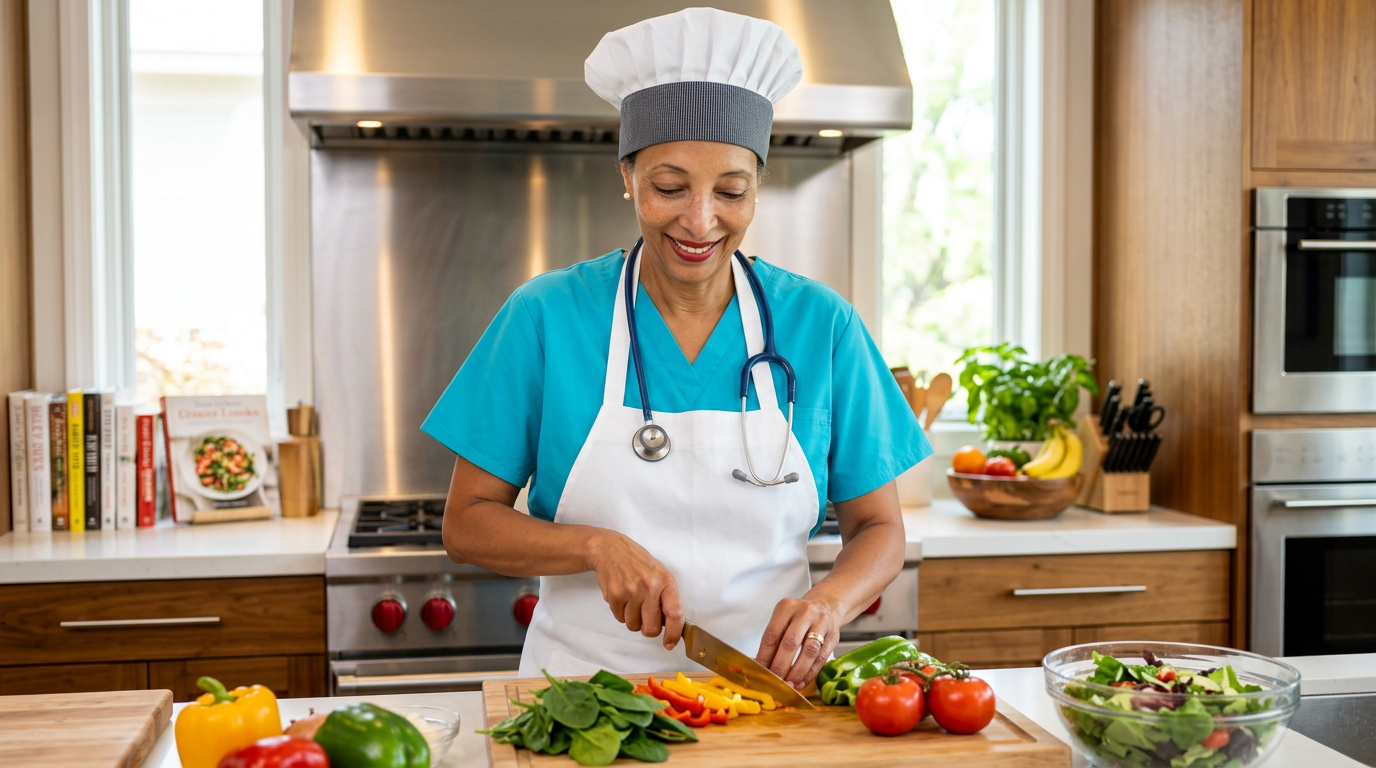 I need a photo realistic image of myself as a doctor and also an expert in the kitchen crafting healthy foods. Change my gray scrubs to another more vibrant color. Recreate me as both doctor and chef. Maybe show me with stylish chef's hat and medical scrubs with stethoscope around my neck or something like this. Make it a classy highly realistic photo with beautiful kitchen in background