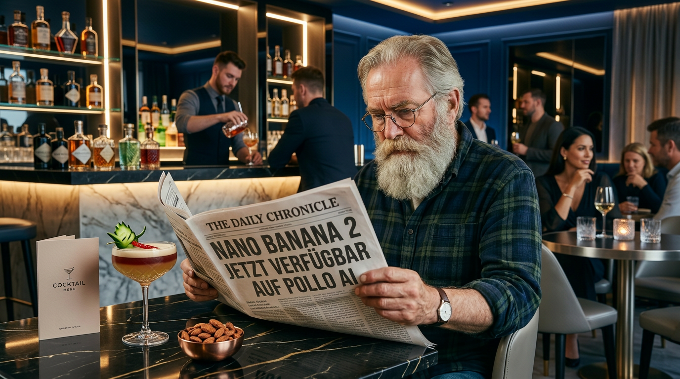 Keep the character and the newspaper in their hands unchanged, while randomly altering the background to different styles of bars and nightclubs. Randomly change the tables in the foreground and the items placed on them.