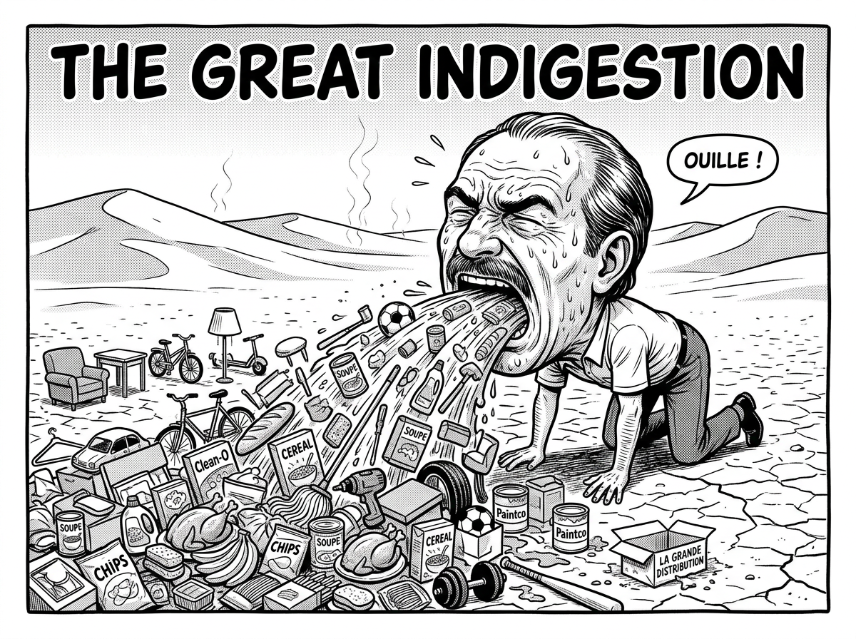 Caricature -  Le

directeur, seul dans un désert, la tête démesurrée par rapport au corps

, la bouche écartelée vomissant des tonnes d'objet de consommation :

produits alimentaires, produits d'entretien, produit mobilier, véhicule,

bricolage, sport etc… - dans la position du chien, dans un rictus de

douleur éjecte de son corps se flux chaotique d'objets de toute sortes -

Le titre en haut : "la Grande indigestion" Illustration satirique et

comique - dans le même style graphique - format