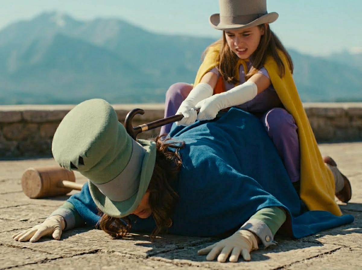 the camera zooms really close in on the woman in the blue capes hat, she has her entire head stuck inside her hat and is shown in a comical state of distress, lying face-down to the left. her body is arched, and her hands are splayed out on the ground. the girl in the yellow cape is perched precariously on top of the womans back and grips the womans cane with both hands using it as a lever to try and pry the womans head out of the hat