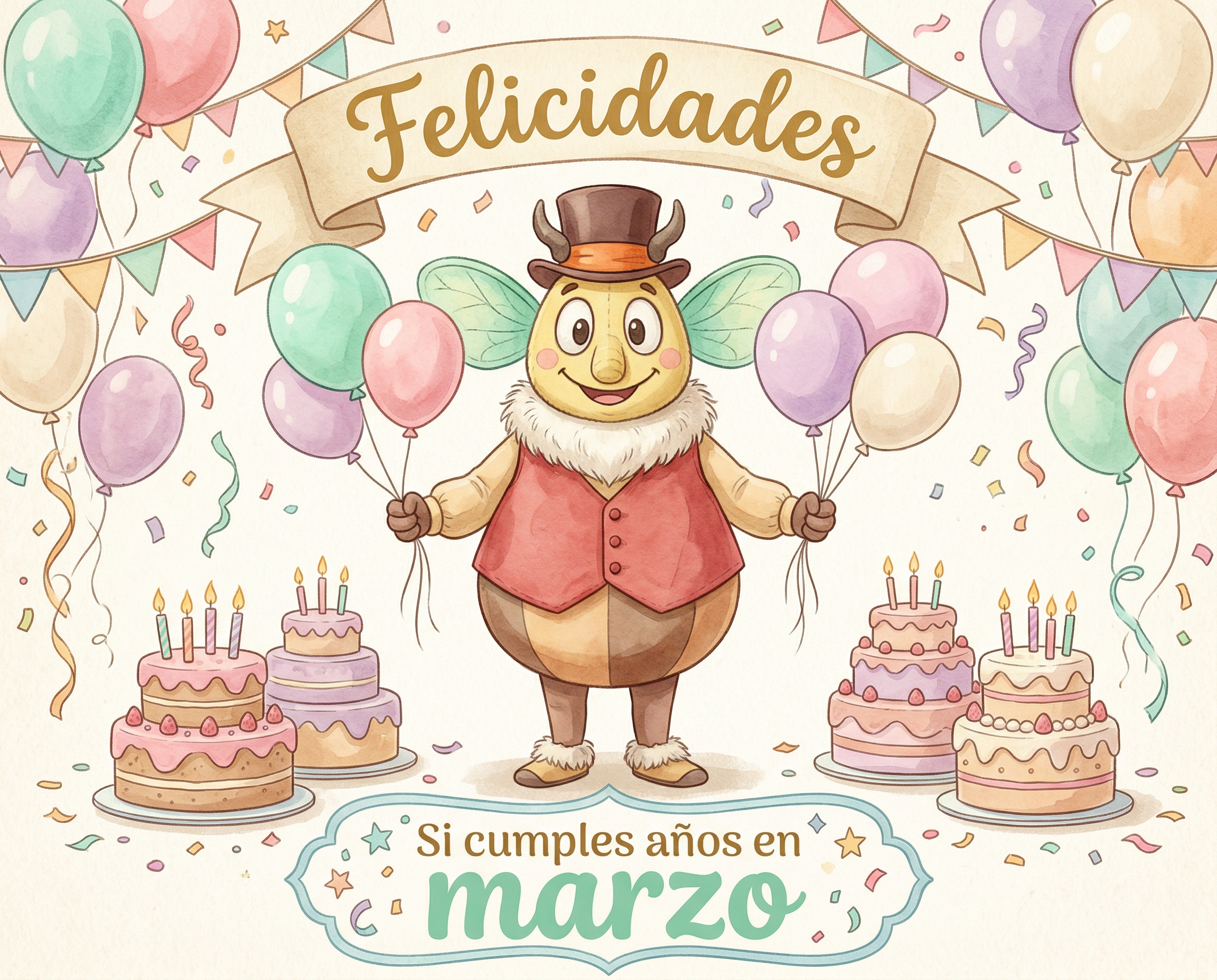 Children’s greeting card illustration in soft vintage watercolor style, textured paper look, cheerful pastel color palette. In the center stands Pistachón Zig-Zag (official Odisea Burbujas character) rendered as a cute plush-like illustrated puppet, smiling and holding colorful balloons in both hands. Pistachón keeps his original features: large translucent green ears, brown hat with orange band, red vest, fluffy white collar, and rounded body.

The background is filled with festive balloons, confetti, streamers, and garlands. On both sides there are decorated birthday cakes with lit candles in pink, lilac, and cream tones. At the top, a curved cream ribbon banner with paper texture reads in large handwritten script: “Felicidades”.

At the bottom, inside a pastel blue ornamental frame with stars and confetti, the text reads:
“Si cumples años en marzo”
The word “marzo” in large playful mint-green lettering.

Warm lighting, soft shadows, classic children’s storybook aesthetic, centered composition, square format 1:1, high resolution, no logos, no watermark.