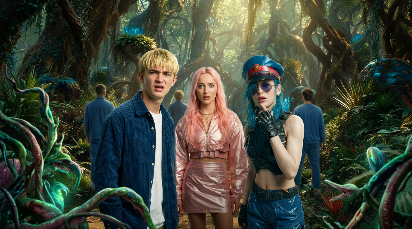 Cinematic closeup shot of Karl (1st reference), Dana (2nd reference) and Rita (3rd reference) turned halfway looking at the camera extremely confused, other multiple adult students in blue casual outfits turned backward midway, in an ancient forest consumed by the vibrant vibrant colored grasses, creepy bioluminescent and carnivorous vines and alien trees, path meanders into the deeper into the forest of lush foliage, Intense dappled sunlight filters dramatically through the overhead canopy, towering alien trees across the overgrown path, hyper-realistic textures, realistic bright lighting, photorealistic cinematic details, no distortion, 8k shot on ARRI