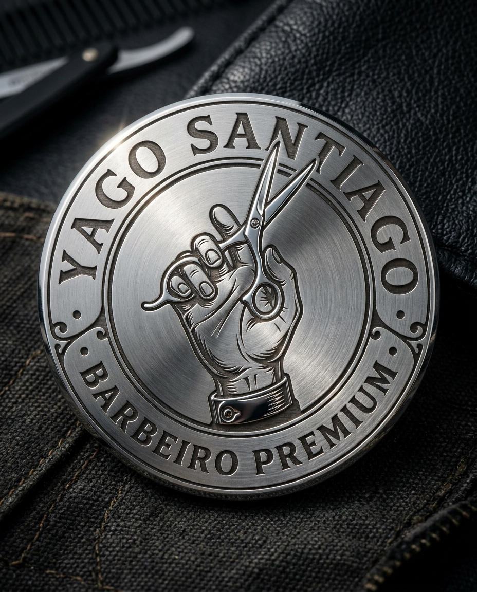 Use the provided logo image as the main reference.

Transform this exact logo into an ultra-realistic premium metal brooch / pin badge.

The logo design must remain identical: circular barbershop emblem with the hand holding scissors in the center and the text around the circle reading “YAGO SANTIAGO • BARBEIRO PREMIUM”. Do not change the typography, illustration, or composition.

Style:
luxury metallic brooch used on a barber apron or jacket.

Material:
brushed stainless steel and polished chrome with subtle engraved details.

Effect:
the logo should appear deeply engraved and embossed into the metal badge with precise shadows and reflections.

Lighting:
dramatic studio lighting highlighting metallic reflections, micro scratches, realistic metal texture and depth.

Details:
visible metal edges, realistic pin thickness, subtle bevels, high-end craftsmanship similar to luxury brand pins.

Background:
dark textured leather or barber apron fabric slightly out of focus to enhance realism and contrast.

Camera:
macro photography style, shallow depth of field, extremely sharp focus on the brooch.

Composition:
the brooch centered and slightly tilted to reveal thickness and dimensionality.

Mood:
premium, masculine, professional barber branding.

hyper realistic, ultra detailed, photorealistic metal textures, macro photography, cinematic lighting

professional graphic design quality, realistic photography, natural typography, avoid AI look, avoid distorted text