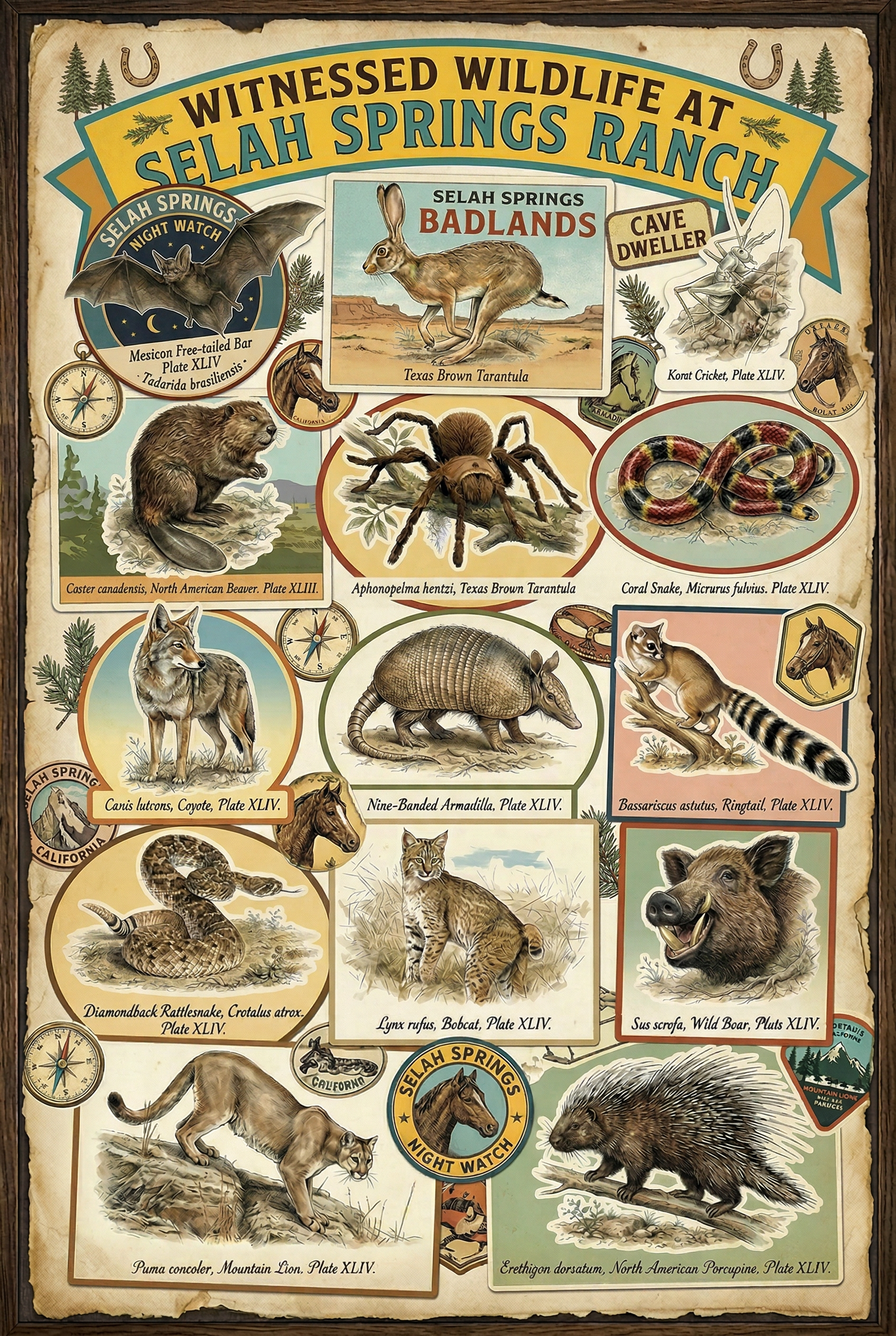 Make the first image in the style of the 2nd image. The title reads, "Witnessed Wildlife at Selah Springs Ranch."