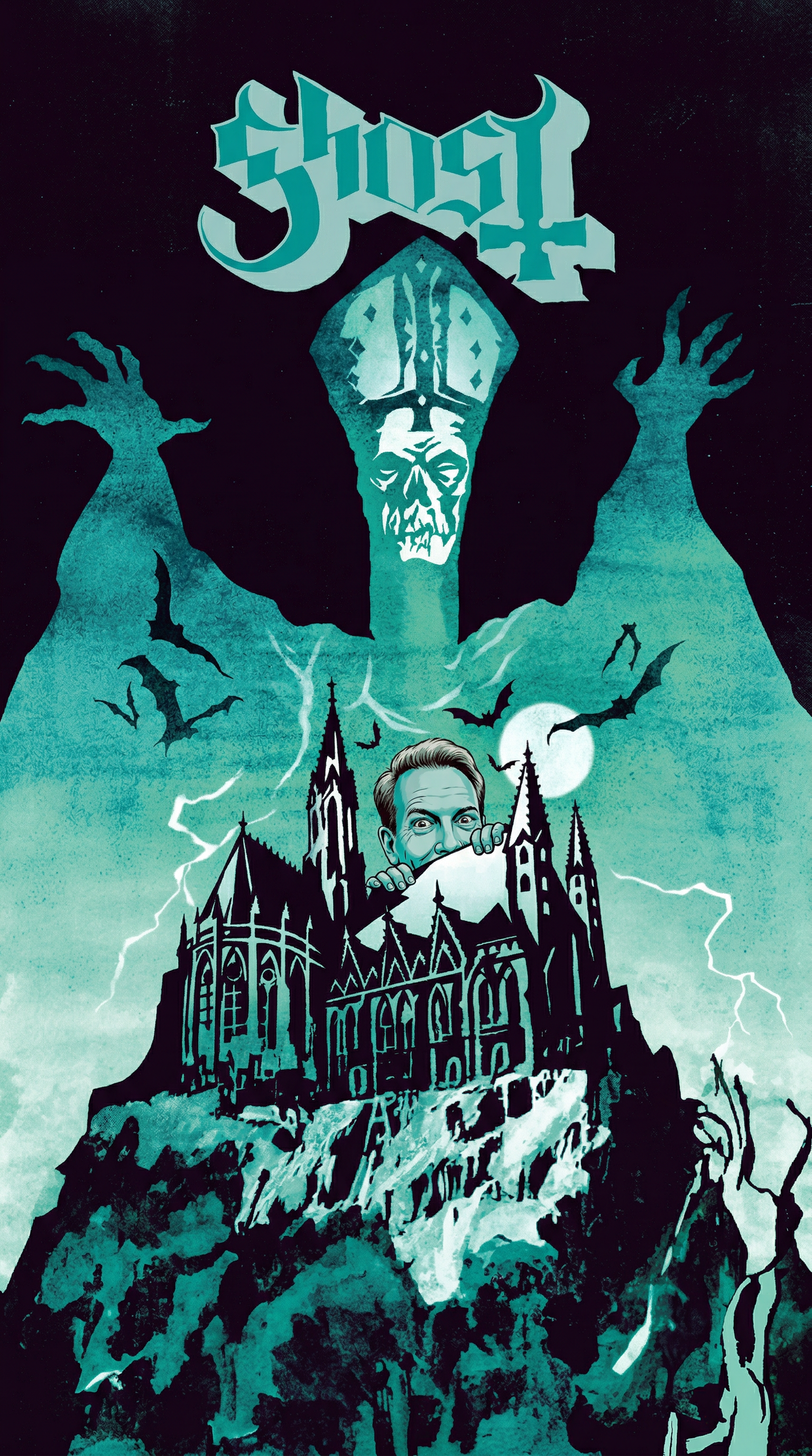 insert the male person in the first picture into the second picture. make him sneakily peek over the roof of the church in a sneaky, comedic way