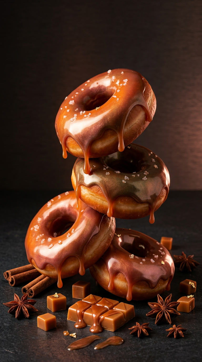 luxury conceptual beauty image showing glossy caramel glazed donuts stacked together, dripping caramel glaze with warm tones between copper, bronze, orange and rose gold. The glaze reflects light with a shiny multidimensional surface similar to glossy hair color.

dark elegant background, dramatic studio lighting, high-end advertising photography, ultra realistic textures, cinematic food photography style, photorealistic, 8k

negative prompt:
blurry, flat lighting, low resolution, text, watermark