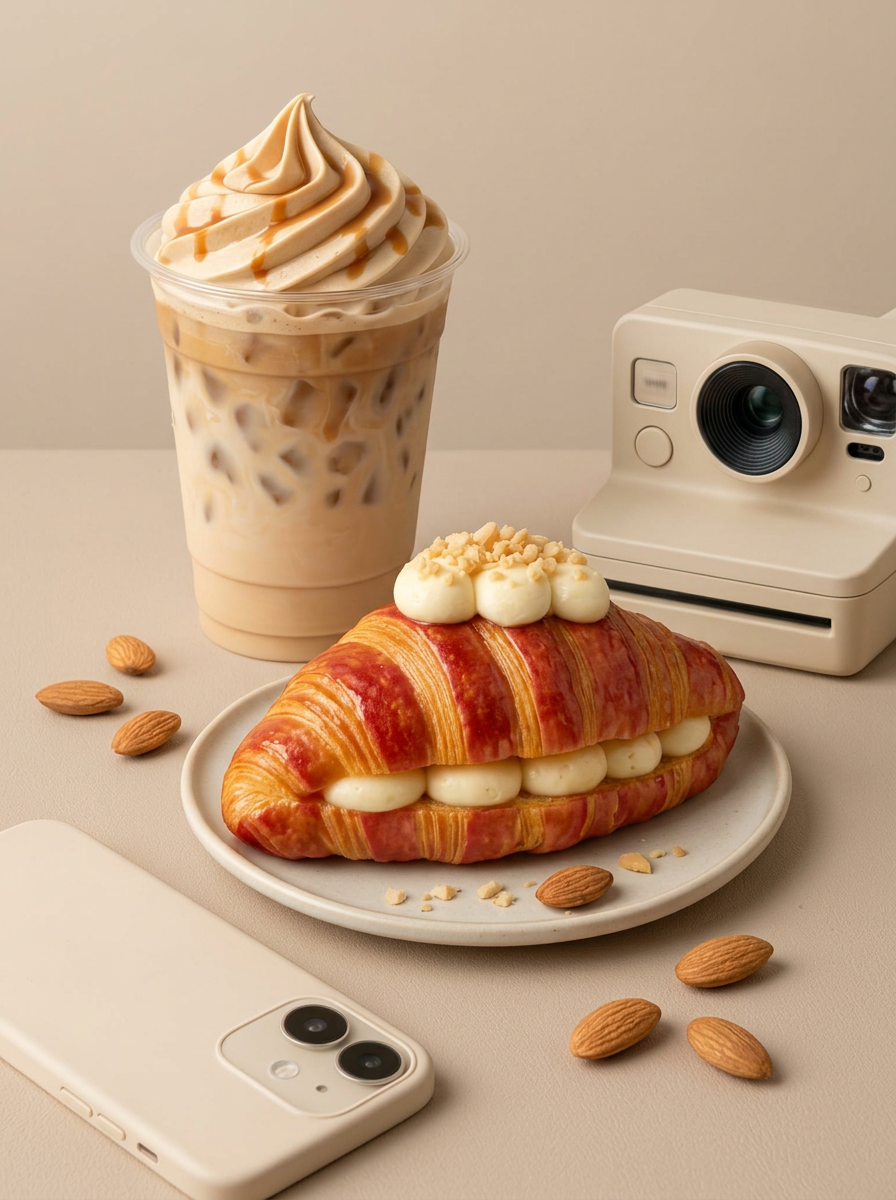 Use the uploaded image as reference.
Photographic recreation of the reference image.

Elegant still life composition featuring a croissant with cream filling, iced milk drink with whipped cream and almonds scattered around.

Soft pastel color palette inspired by beige, cream and caramel tones.

Minimal aesthetic table scene with soft natural light and subtle shadows.

Luxury editorial food photography, ultra realistic textures, sharp focus, 8k resolution.

Negative prompt:
blurry image, flat lighting, watermark, text