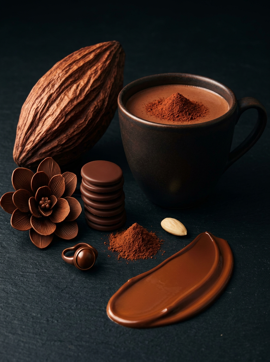 Use the uploaded image as reference.
Photographic recreation of the reference image.

Elegant still life composition featuring cocoa powder, almonds, chocolate elements and warm brown textures arranged in a dark aesthetic scene.

Soft cinematic lighting with deep shadows and warm highlights.

Color palette inspired by chocolate brown, cocoa and caramel tones.

Luxury editorial food photography, ultra realistic textures, dramatic lighting, sharp focus, 8k resolution.

Negative prompt:
blurry image, flat lighting, watermark, text