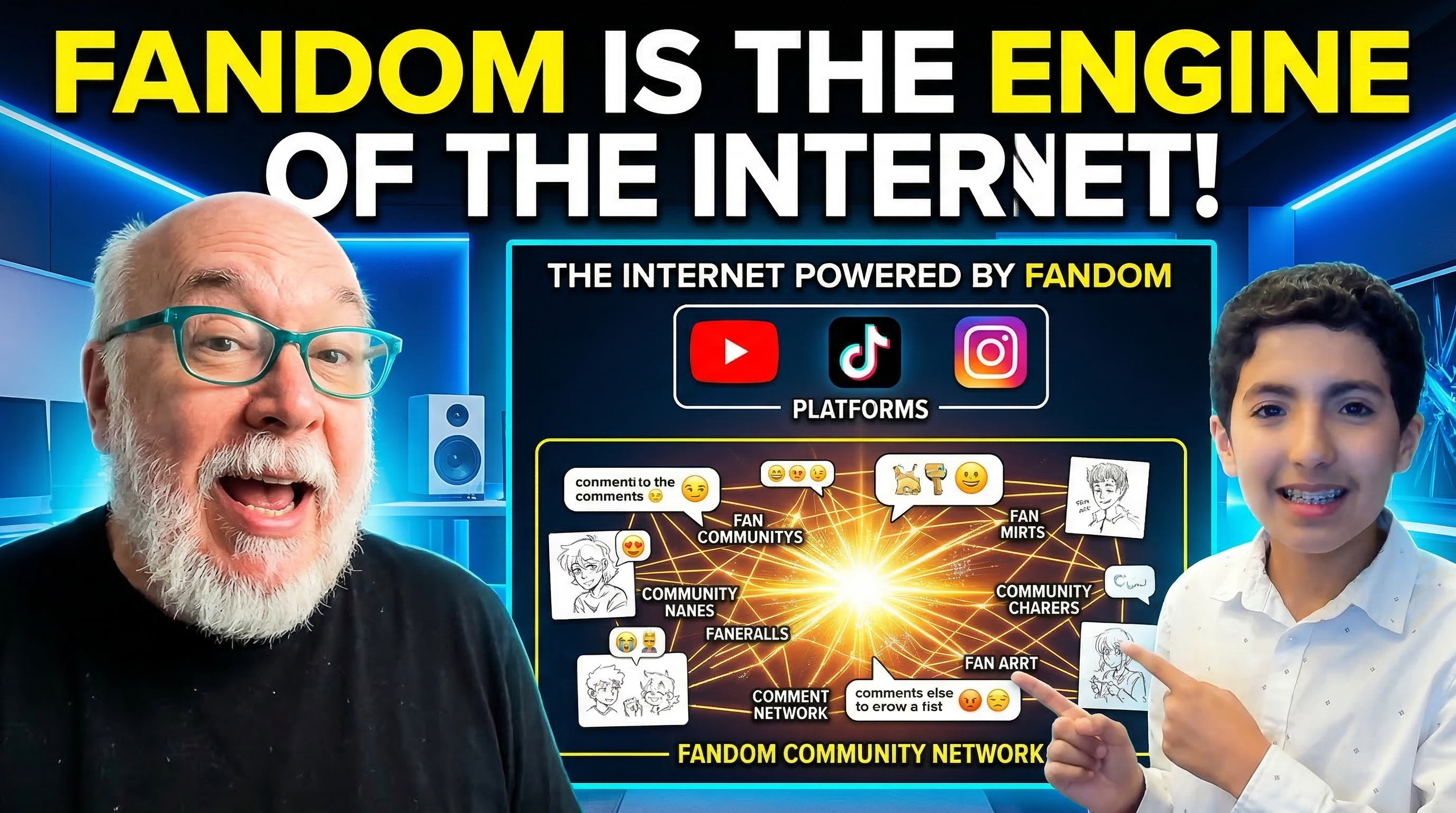 Create a modern YouTube thumbnail set in a creator studio. Use the uploaded photos of Ehsan pointing at a whiteboard on the right and Professor Jenkins on the left explaining something.

Behind them show a two-layer visual diagram of the internet. The top layer shows PLATFORM icons (YouTube,Tiktok,Instagram) . Below it reveal a much larger glowing network of fan communities, comment bubbles, fan art sketches, and connection lines.

This bottom layer should look bigger and more powerful than the top layer to symbolize that fandom drives the internet.

Lighting bright and professional studio lighting with blue accents. High contrast, clean YouTube thumbnail composition.